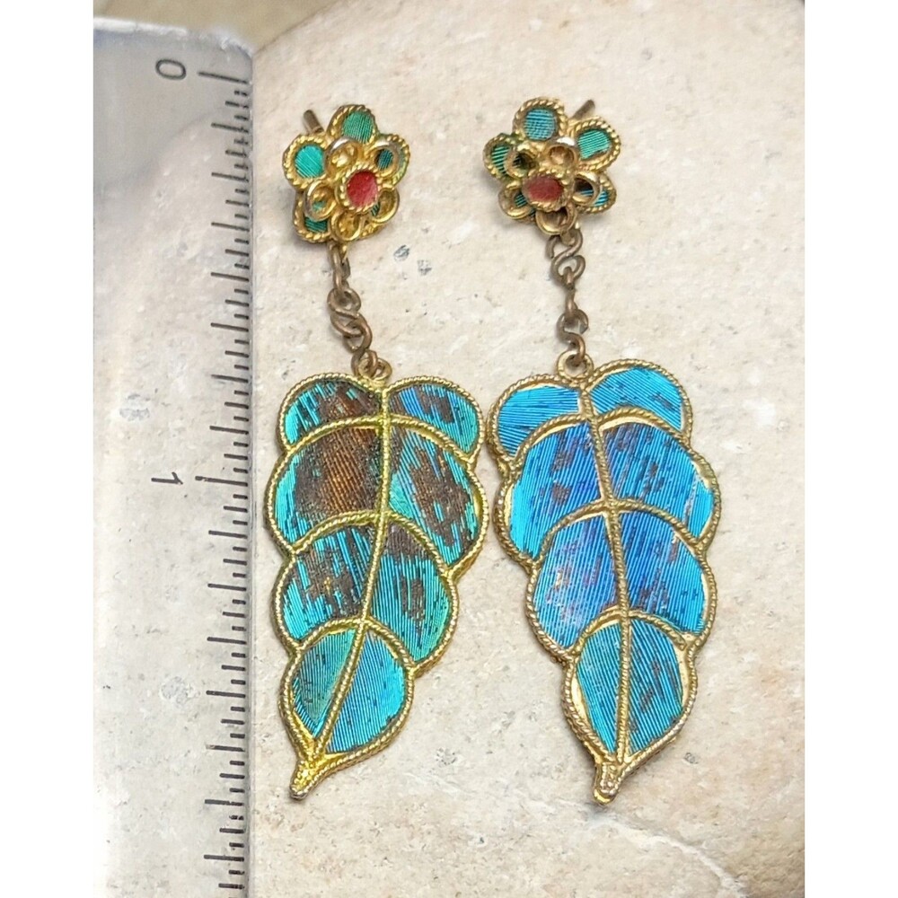 Vintage Kingfisher Blue Feather Dangle Earrings - Picture 3 of 12